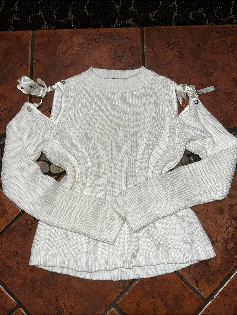 Guess White Cold-Shoulder Knit Sweater with Ribbon Ties